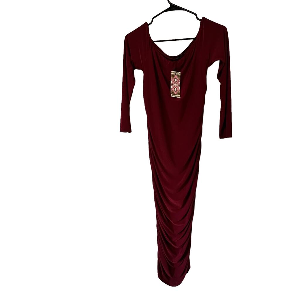 Boohoo Bodycon Dress Womens Size 12 Never Wore Ruched Sides Wine Color